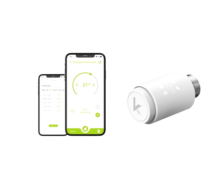 Zwei Smartphones mit grüner App-Oberfläche und weißem Thermostat mit Drehrad.