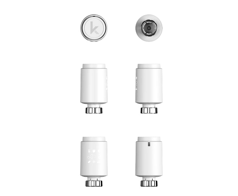 Weiße smarte Heizkörperthermostate in verschiedenen Ansichten auf weißem Hintergrund.